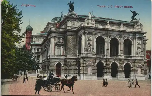 Augsburg Theater Strassen Partie mit Kutscher Pferde Kutsche 1910