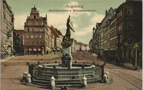 Augsburg Maximilianstrasse  Geschäfte & Litfaßsäule 1910   gel Stempel AUGSBURG