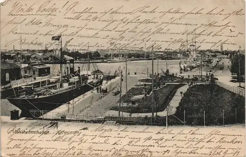 Ansichtskarte Wilhelmshaven Hafen, Lagerhäuser - Dampfer 1905