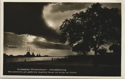 Ansichtskarte Wilhelmshaven Hafen - Kriegsschiff - Abendstimmung 1931