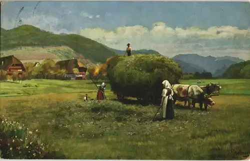 .Baden-Württemberg Künstlerkarte Gemälde Hoffmann Heu-Ernte Schwarzwald 1911