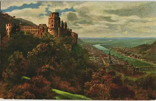 Heidelberg Künstlerkarte Gemälde nach M. Schöne, Schloss Panorama Neckar 1910