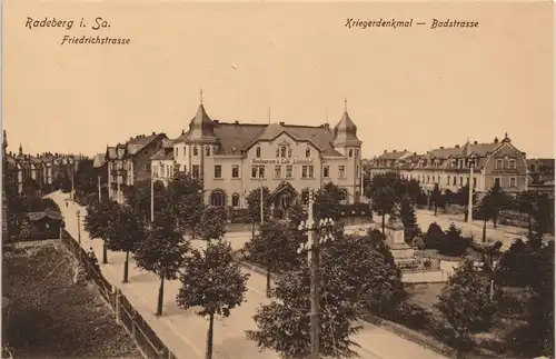 Ansichtskarte Radeberg Badstraße - Kriegerdenkmal - Friedrichstraße 1912