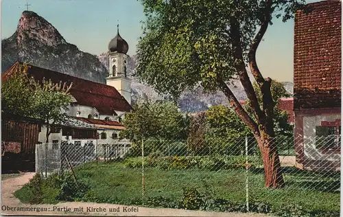 Ansichtskarte Oberammergau color Ansicht Partie mit Kirche und Kofel 1910