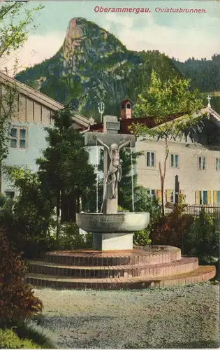 Oberammergau Partie am Christusbrunnen, Brunnen Anlage color Ansicht 1910