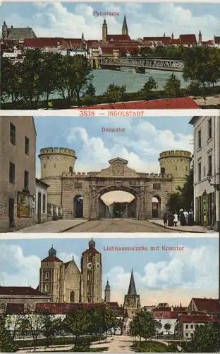 Ansichtskarte Nürnberg 3 Bild: Totale, Donautor, Kirche 1912