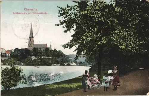 Ansichtskarte Chemnitz Schloßteich Kinder Kinderwagen gel. Feldpost 1907