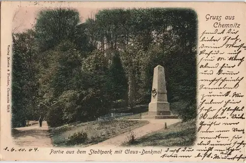 Ansichtskarte Chemnitz Stadtpark Claus Denkmal 1904