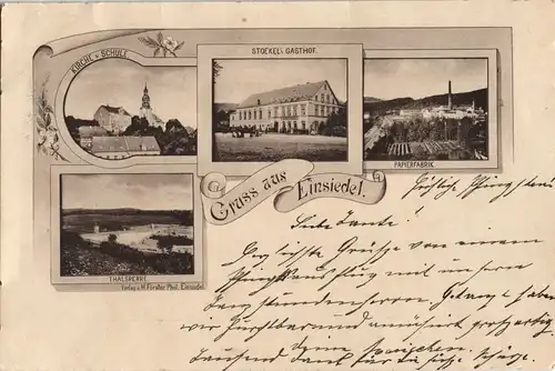 Ansichtskarte Einsiedel-Chemnitz Kirche, Schule, Papierfabrik 1905