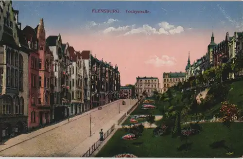Ansichtskarte Flensburg Toosbystraße Straßen Partie Häuser Zeile 1916
