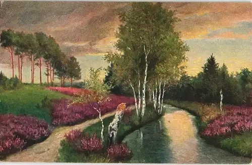Künstlerkarte Gemälde / Kunstwerk Heide Landschaft Stimmungsbild 1910