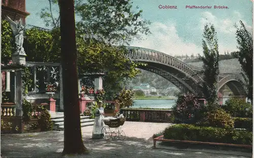 Pfaffendorf-Koblenz Pfaffendorfer Brücke Frau mit Kinderwagen color Ansicht 1909