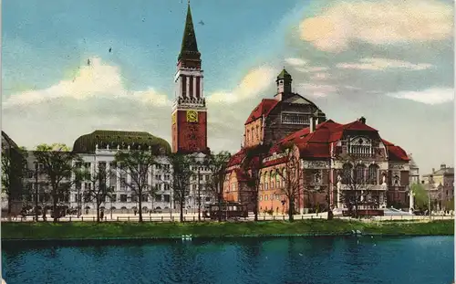 Ansichtskarte Kiel Rathaus Stadttheater farbige Gesamtansicht 1912/1911