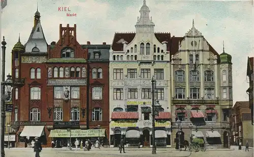 Ansichtskarte Kiel Markt belebt, diverse Geschäfte & Lokale 1907