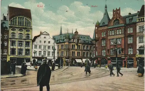 Kiel Straßen Partie belebt am Markt, div. Geschäfte & Lokale 1913