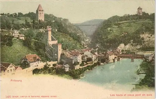 Freiburg im Üechtland Fribourg Les Tours et vieux pont en bois 1908