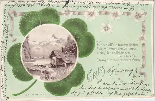 Ansichtskarte  Künstlerkarte Kleeblatt - Haus glitzereffekt 1900 Perlen