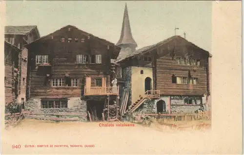 .Schweiz Chalets valaisans Dorf Partie mit Kirche Schweiz AK 1900