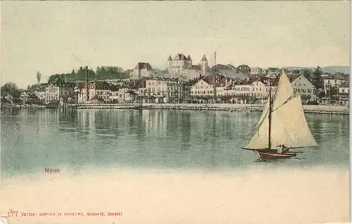 Nyon Panorama Ansicht mit kleinem Segelschiff Boot vor Stadt 1900