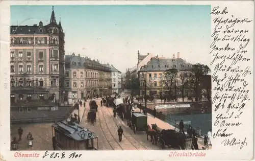 Litho AK Chemnitz Straßenbahn Tram Verkehr & Kutschen a.d. Nicolaibrücke 1900