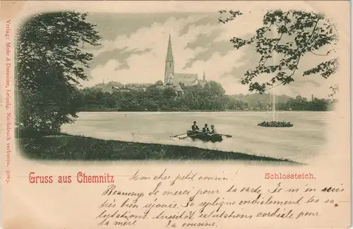 Ansichtskarte Chemnitz Schloßteich, Ruderboot, Fernansicht der Kirche 1900