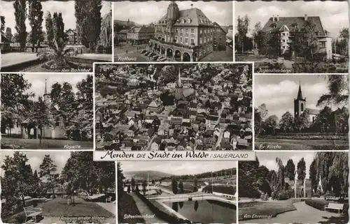 Menden (Sauerland) Mehrbild-AK ua. Bahnhof, Kapelle, Luftaufnahme uvm. 1967