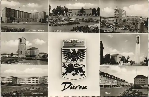 Ansichtskarte Düren Mehrbild-AK ua. Kirchen, Stadthalle, Gymnasium uvm. 1965