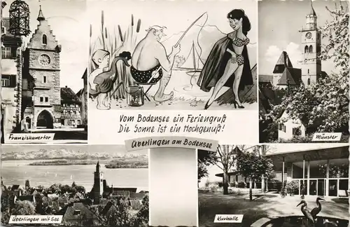 Überlingen Stadtteilansichten und Angler (schöner Frau, Humoristik) 1960