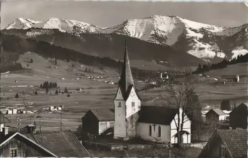 Ansichtskarte Genhofen Panorama mit Kapelle, Kirche, Allgäuer Bergkette 1971