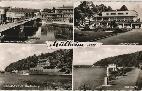 Mülheim  Ruhr Stadtteilansichten ua. Ruhr-Partie, Brücke, Wasser-Bahnhof 1959