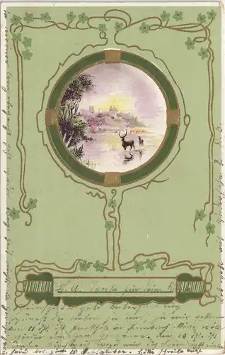 Ansichtskarte  Jugenstil-Ornament - Landschaft Gold 1901