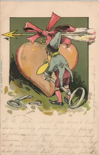 Ansichtskarte  Zwerg Heinzelmann dreht Pfeil-Herz auf Künstlerkarte 1900