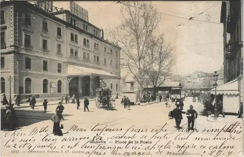 Ansichtskarte Genf Genève Place de la Poste, Kutsche 1902