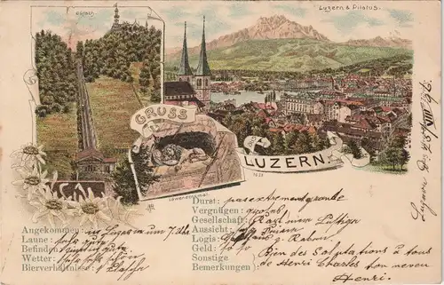 Ansichtskarte Litho AK Luzern Lucerna MB: Bahn, Totale, Denkmal 1906