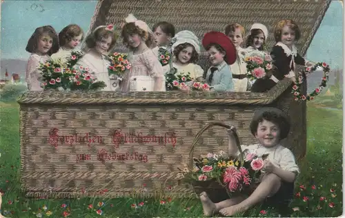 Ansichtskarte  Geburtstag - Kinder Mädchen Fotokunst Kiste 1911