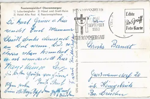 Oberammergau Mehrbild-AK mit Bergbahn, Hotel Alte Post, Hänsl u. Gretl-Heim 1960