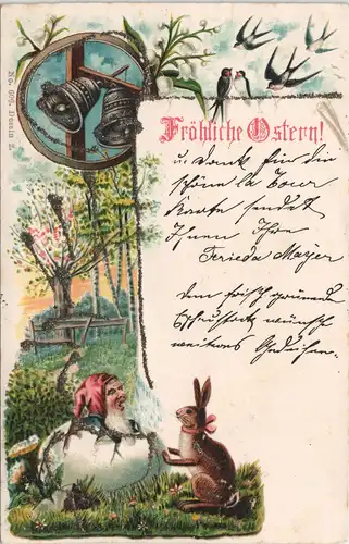 Ansichtskarte  Ostern - Zwerg bricht aus Ei - Osterhase 1902