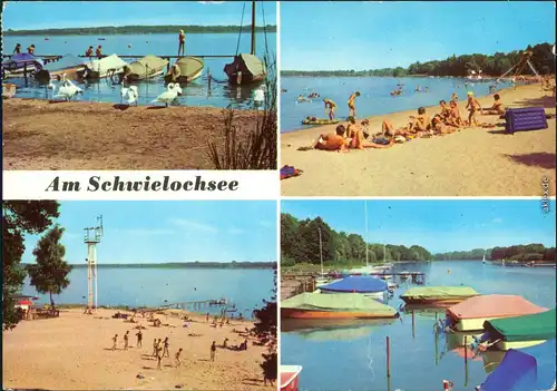 Schwielochsee Kleiner Bootshafen mit Steg (2), Badestrand mit Gästen, Strand mit Beobachtungsturm (Rettungsturm) 1978