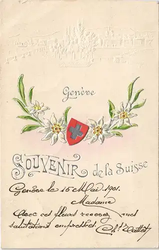 Genf Genève Heraldik Prägekarte Stadt - Edelweiß 1901 Prägekarte