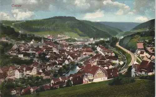 Ansichtskarte Calw Stadtblick - Bahnstrecke 1915
