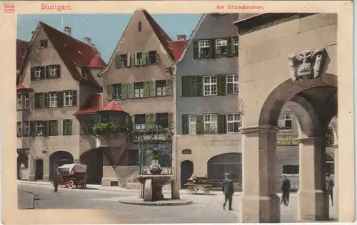 Ansichtskarte Stuttgart Am Glücksbrunnen, Auto, Geschäfte DiorAMA 1910