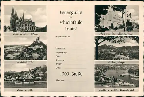 Königswinter Mehrbild-AK "Schreibfaule" ua. Köln, Drachenfels,  1955