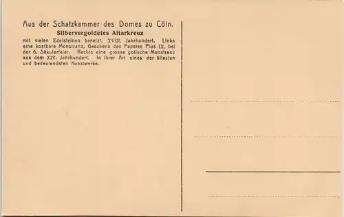 Köln Schatzkammer des Domes zu Cöln Silbervergoldetes Altarkreuz 1920