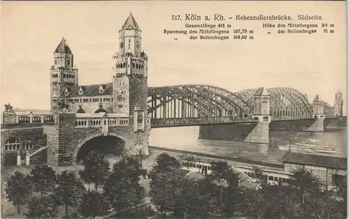 Ansichtskarte Köln Rheinbrücke Hohenzollernbrücke Südseite 1910