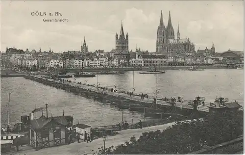 Köln Panorama-Ansicht Gesamtansicht mir Rhein Behelfsbrücke 1910