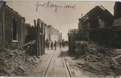 Ansichtskarte  Militaria WK1 - Straßenbahn zerstörte Stadt 1913