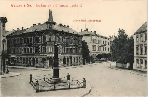 Ansichtskarte Wurzen Wettinplatz, Drogerie, Kreisschule 1913