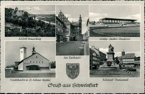 Ansichtskarte Schweinfurt Willy-Sachs-Stadion, Kirche etc 1957