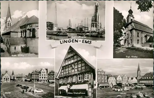 Ansichtskarte Lingen (Ems) Erdölraffinerie, Kirchen, Markt 1967