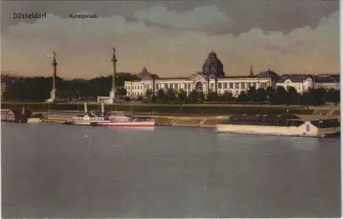 Düsseldorf Kunstpalast Rhein Schiff Dampfer a.d. Anlegestelle 1910